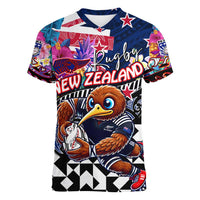 Personalized Kiwi New Zealand Rugby Women V-Neck T-Shirt Kiwis Mascot Tropical Pattern DT02 Female Blue - Polynesian Pride