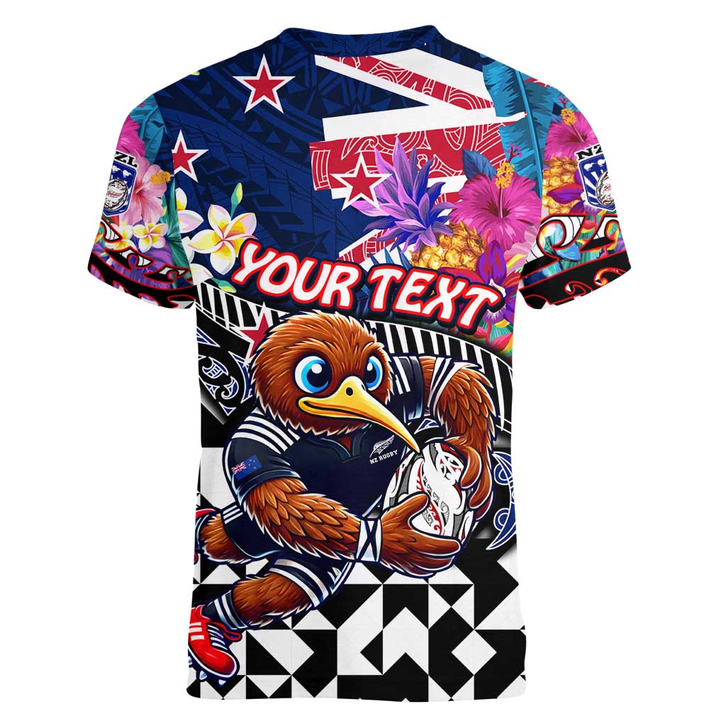 Personalized Kiwi New Zealand Rugby Women V-Neck T-Shirt Kiwis Mascot Tropical Pattern DT02 - Polynesian Pride