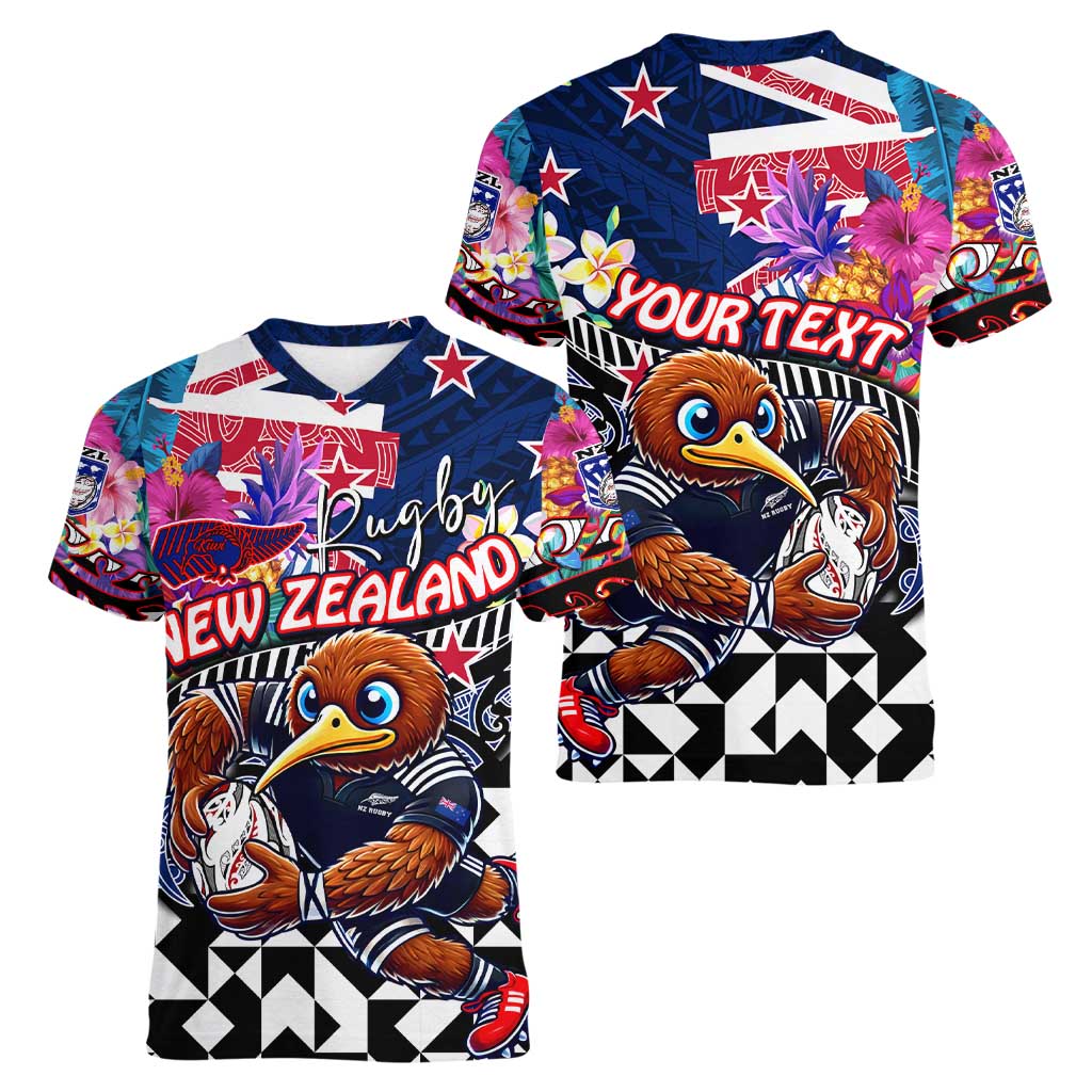 Personalized Kiwi New Zealand Rugby Women V-Neck T-Shirt Kiwis Mascot Tropical Pattern DT02 - Polynesian Pride