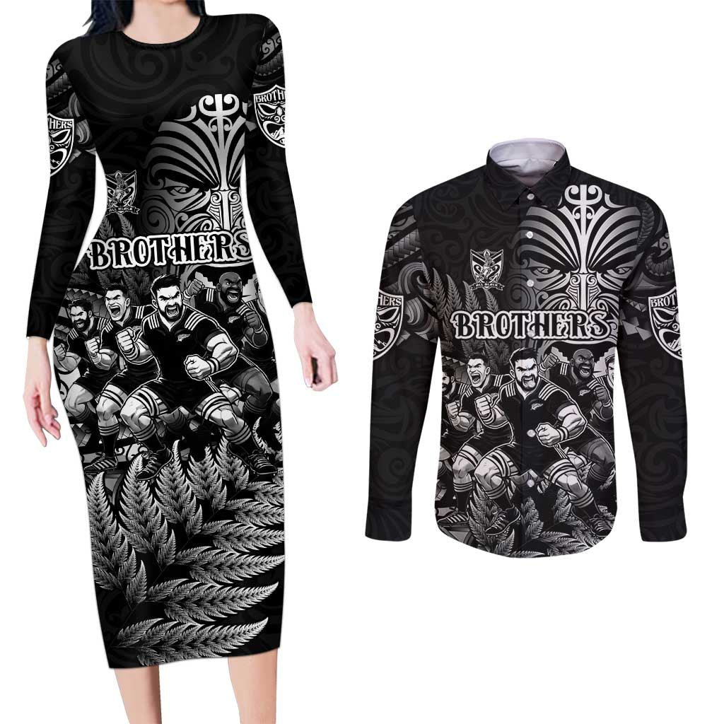 Personalized All Black Brothers Rugby Couples Matching Long Sleeve Bodycon Dress and Long Sleeve Button Shirt New Zealand Maori Haka DT02 Black - Polynesian Pride