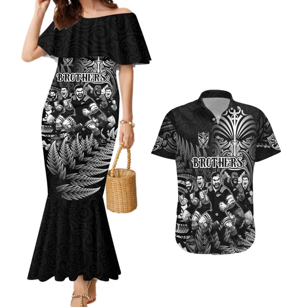 Personalized All Black Brothers Rugby Couples Matching Mermaid Dress and Hawaiian Shirt New Zealand Maori Haka