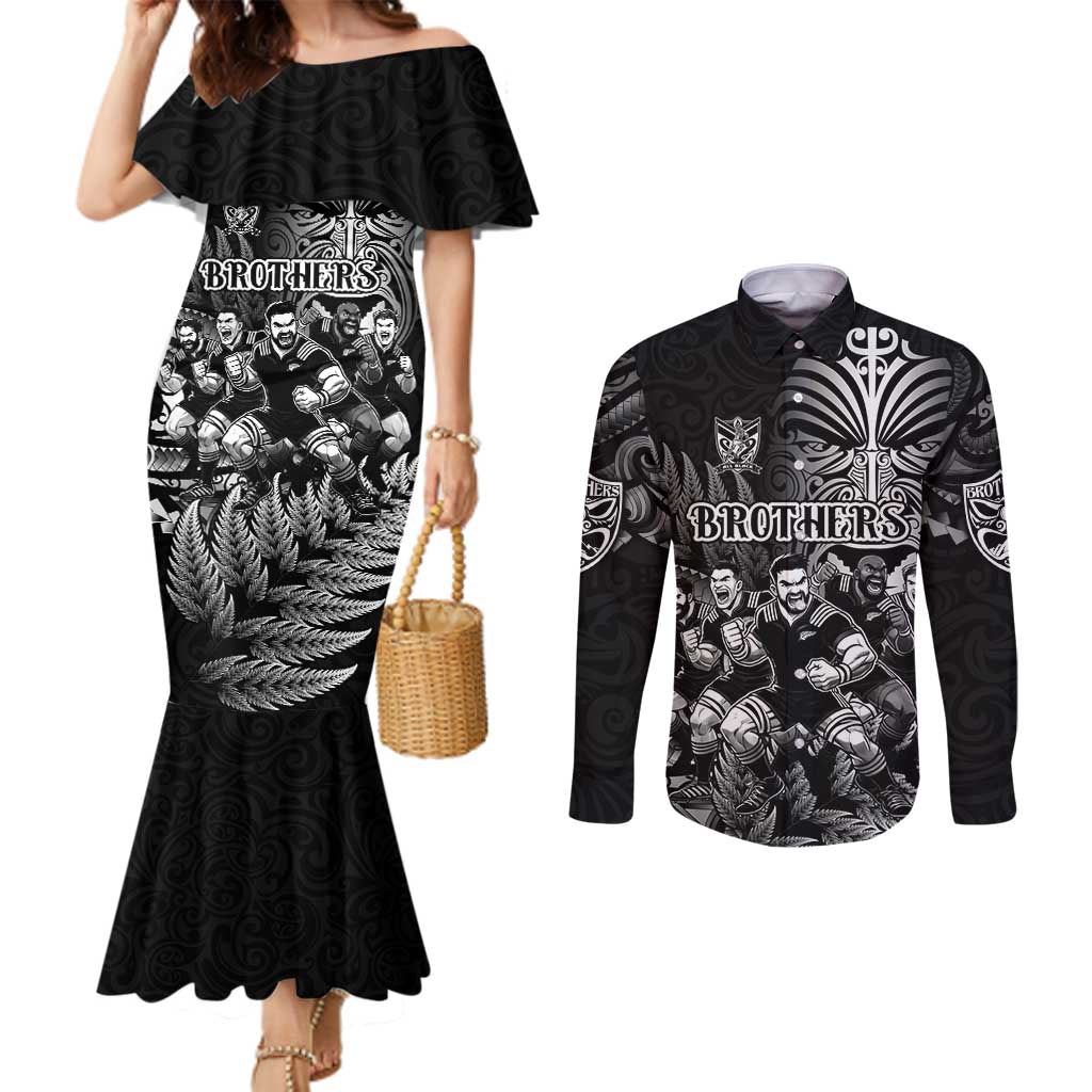 Personalized All Black Brothers Rugby Couples Matching Mermaid Dress and Long Sleeve Button Shirt New Zealand Maori Haka