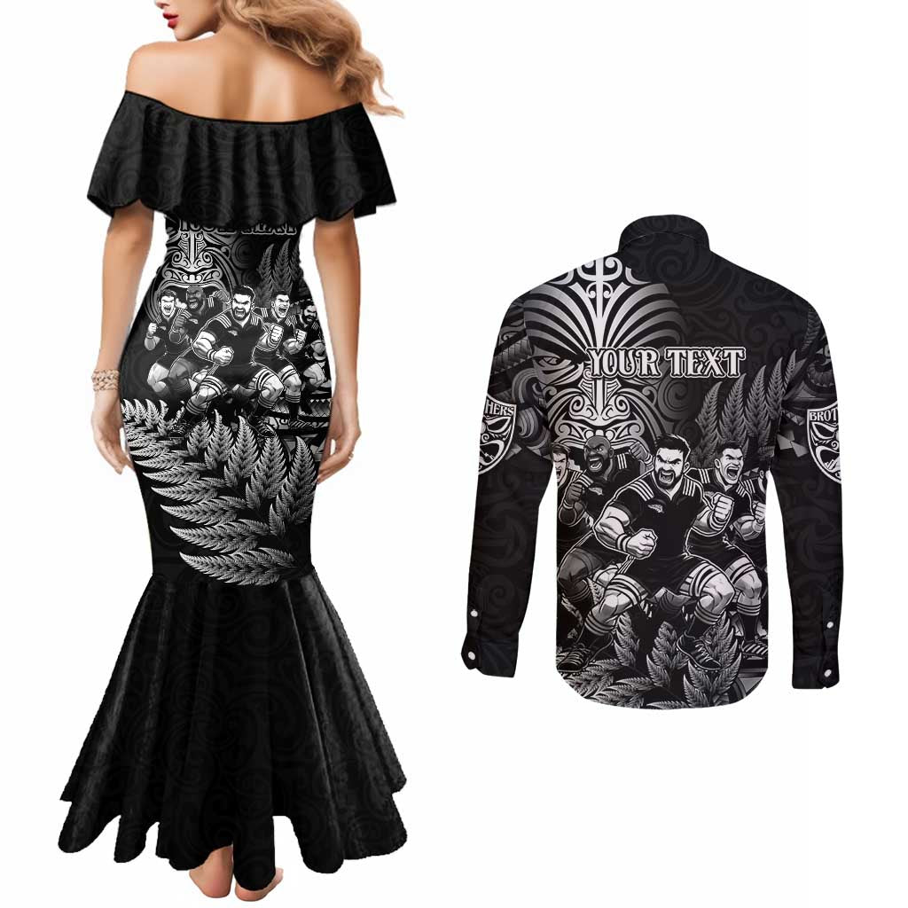 Personalized All Black Brothers Rugby Couples Matching Mermaid Dress and Long Sleeve Button Shirt New Zealand Maori Haka DT02 - Polynesian Pride
