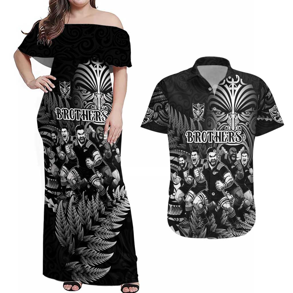 Personalized All Black Brothers Rugby Couples Matching Off Shoulder Maxi Dress and Hawaiian Shirt New Zealand Maori Haka DT02 Black - Polynesian Pride