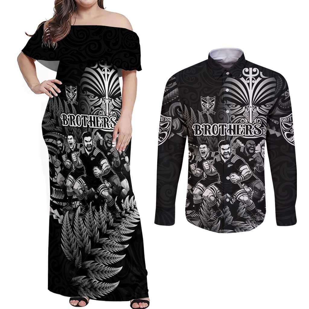 Personalized All Black Brothers Rugby Couples Matching Off Shoulder Maxi Dress and Long Sleeve Button Shirt New Zealand Maori Haka DT02 Black - Polynesian Pride