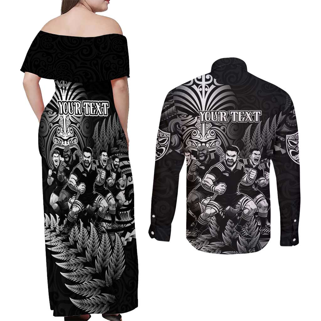 Personalized All Black Brothers Rugby Couples Matching Off Shoulder Maxi Dress and Long Sleeve Button Shirt New Zealand Maori Haka DT02 - Polynesian Pride