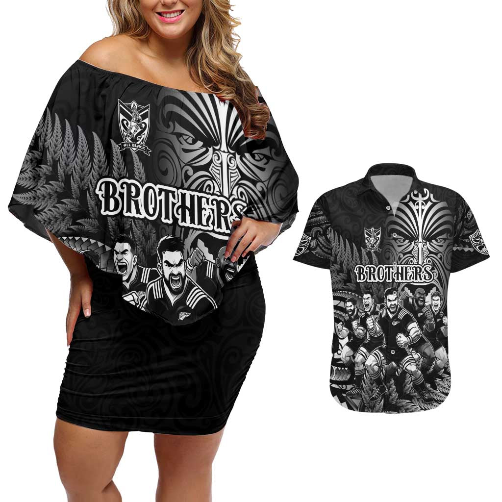 Personalized All Black Brothers Rugby Couples Matching Off Shoulder Short Dress and Hawaiian Shirt New Zealand Maori Haka DT02 Black - Polynesian Pride