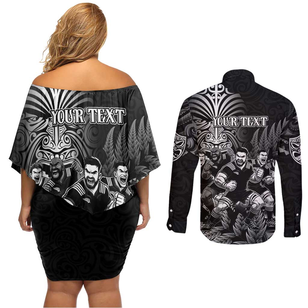 Personalized All Black Brothers Rugby Couples Matching Off Shoulder Short Dress and Long Sleeve Button Shirt New Zealand Maori Haka DT02 - Polynesian Pride