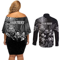 Personalized All Black Brothers Rugby Couples Matching Off Shoulder Short Dress and Long Sleeve Button Shirt New Zealand Maori Haka DT02 - Polynesian Pride