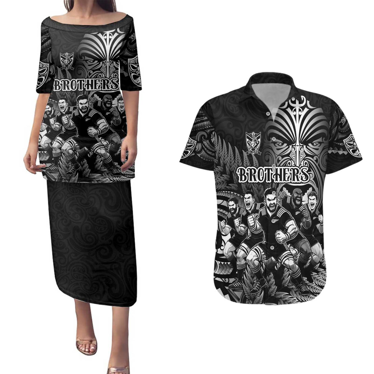 Personalized All Black Brothers Rugby Couples Matching Puletasi and Hawaiian Shirt New Zealand Maori Haka DT02 Black - Polynesian Pride