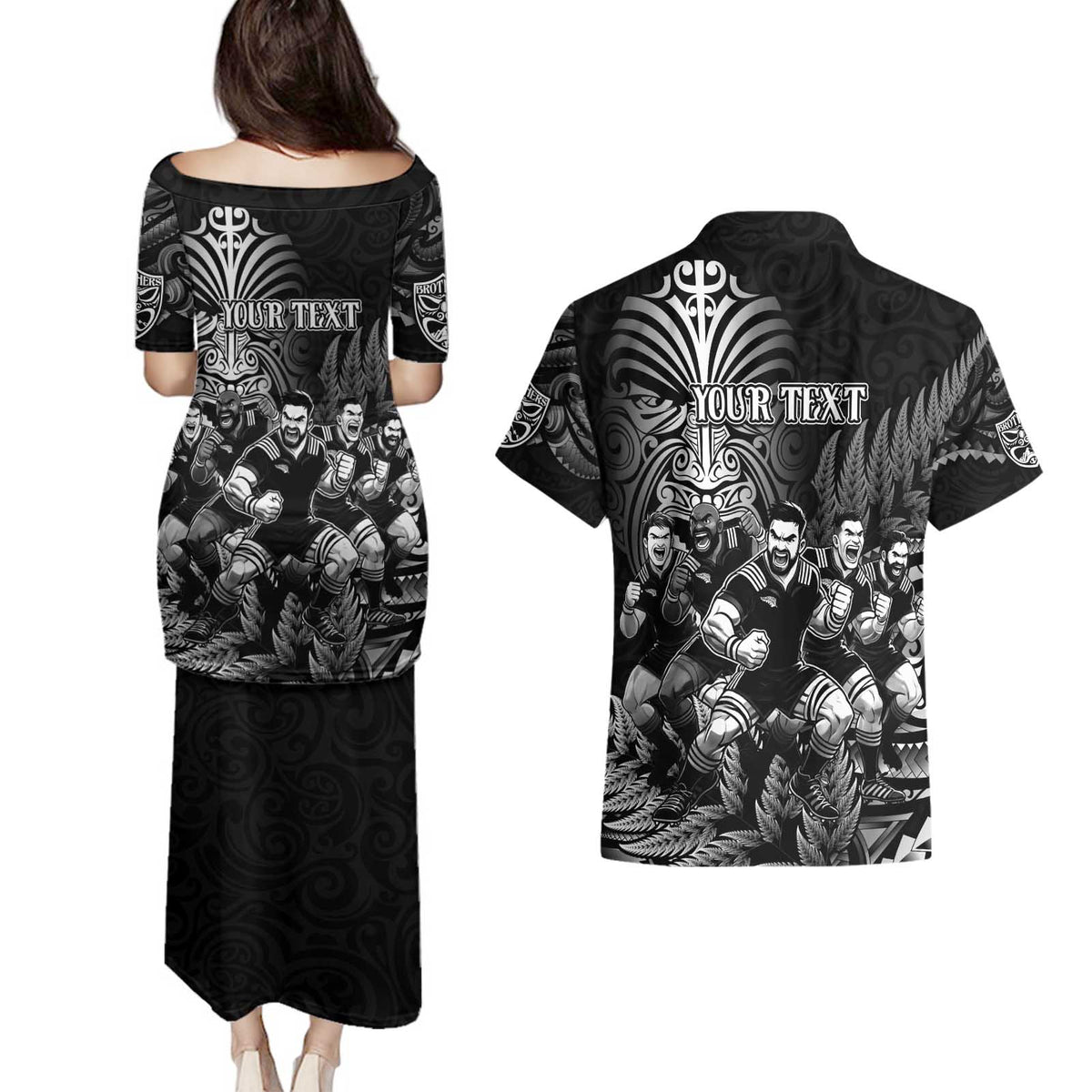 Personalized All Black Brothers Rugby Couples Matching Puletasi and Hawaiian Shirt New Zealand Maori Haka DT02 - Polynesian Pride