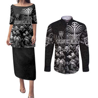 Personalized All Black Brothers Rugby Couples Matching Puletasi and Long Sleeve Button Shirt New Zealand Maori Haka DT02 Black - Polynesian Pride
