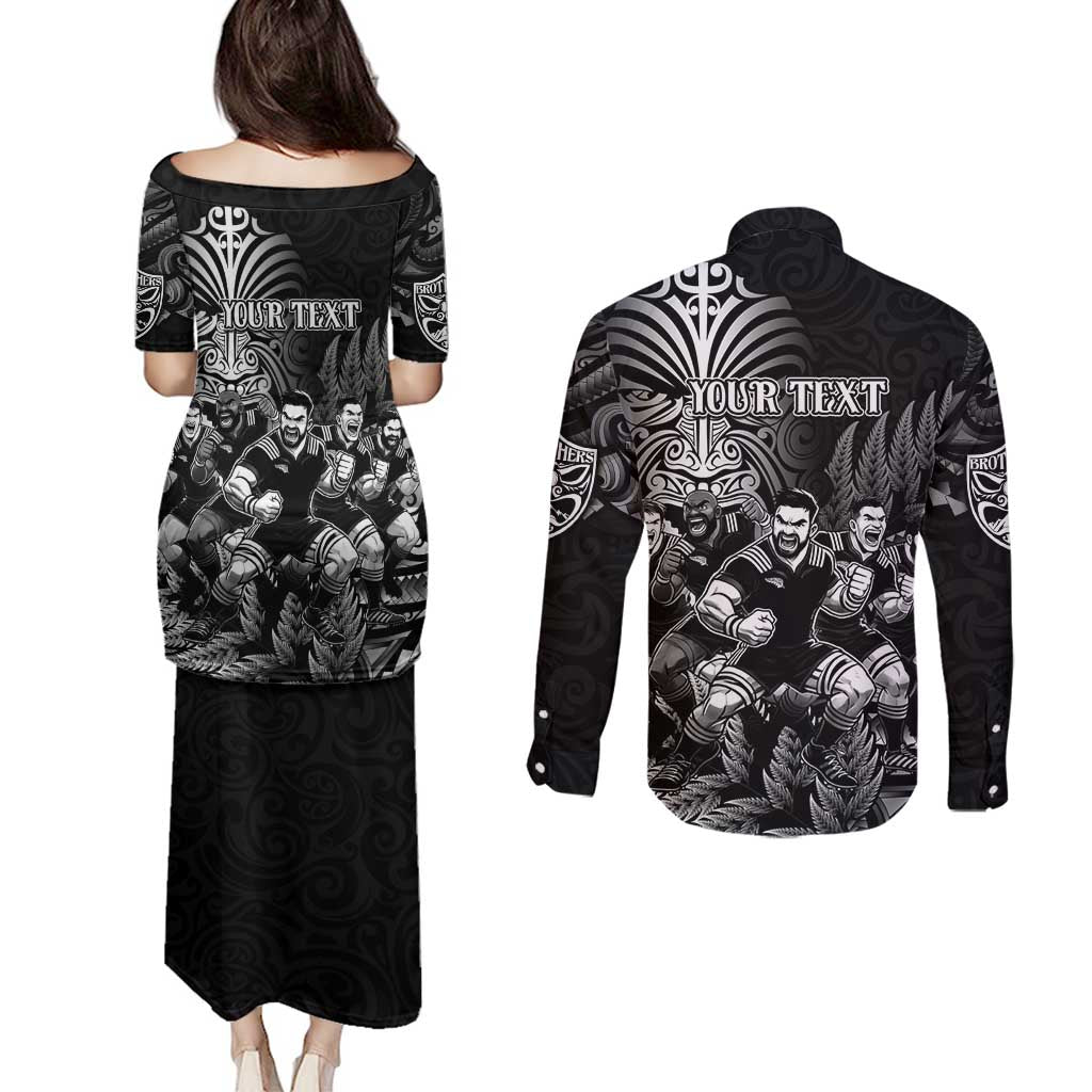 Personalized All Black Brothers Rugby Couples Matching Puletasi and Long Sleeve Button Shirt New Zealand Maori Haka DT02 - Polynesian Pride