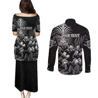 Personalized All Black Brothers Rugby Couples Matching Puletasi and Long Sleeve Button Shirt New Zealand Maori Haka DT02 - Polynesian Pride