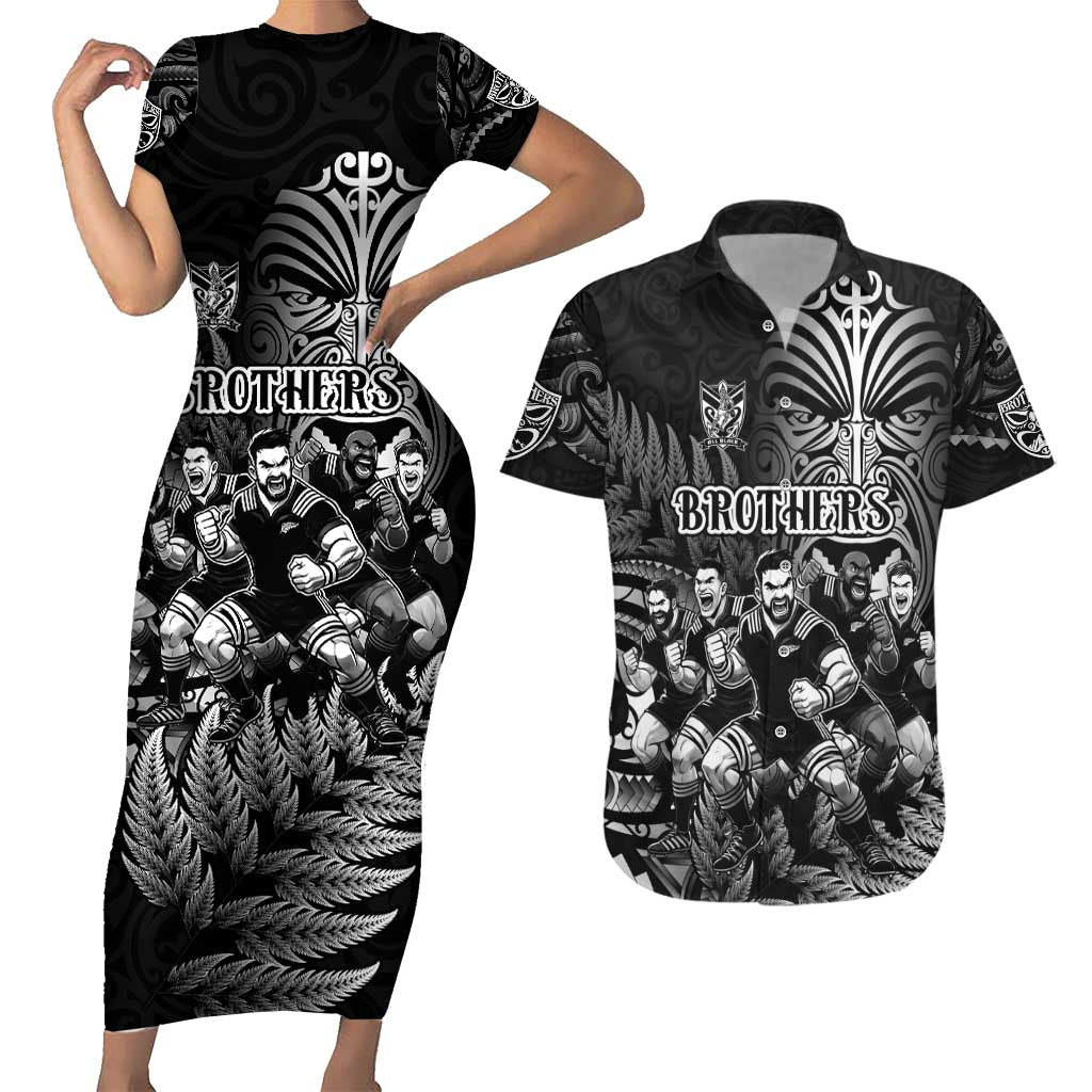 Personalized All Black Brothers Rugby Couples Matching Short Sleeve Bodycon Dress and Hawaiian Shirt New Zealand Maori Haka DT02 Black - Polynesian Pride
