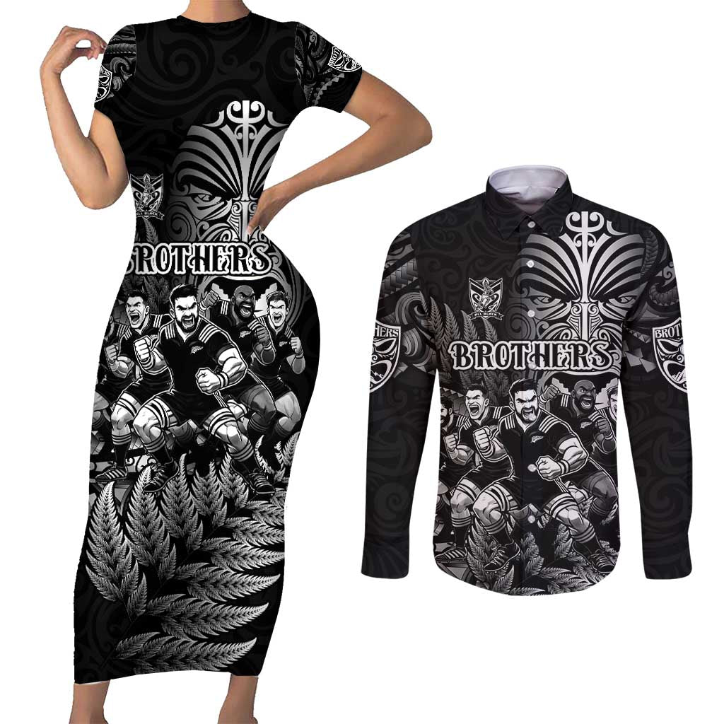 Personalized All Black Brothers Rugby Couples Matching Short Sleeve Bodycon Dress and Long Sleeve Button Shirt New Zealand Maori Haka DT02 Black - Polynesian Pride