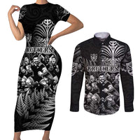 Personalized All Black Brothers Rugby Couples Matching Short Sleeve Bodycon Dress and Long Sleeve Button Shirt New Zealand Maori Haka DT02 Black - Polynesian Pride