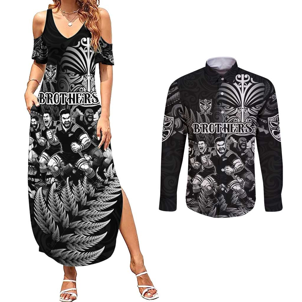 Personalized All Black Brothers Rugby Couples Matching Summer Maxi Dress and Long Sleeve Button Shirt New Zealand Maori Haka DT02 Black - Polynesian Pride
