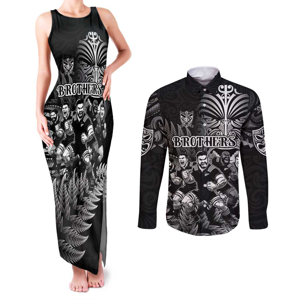 Personalized All Black Brothers Rugby Couples Matching Tank Maxi Dress and Long Sleeve Button Shirt New Zealand Maori Haka DT02 Black - Polynesian Pride