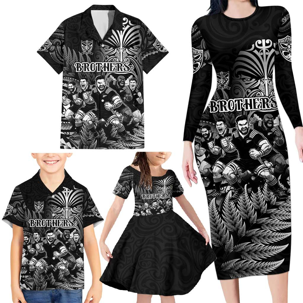 Personalized All Black Brothers Rugby Family Matching Long Sleeve Bodycon Dress and Hawaiian Shirt New Zealand Maori Haka DT02 - Polynesian Pride