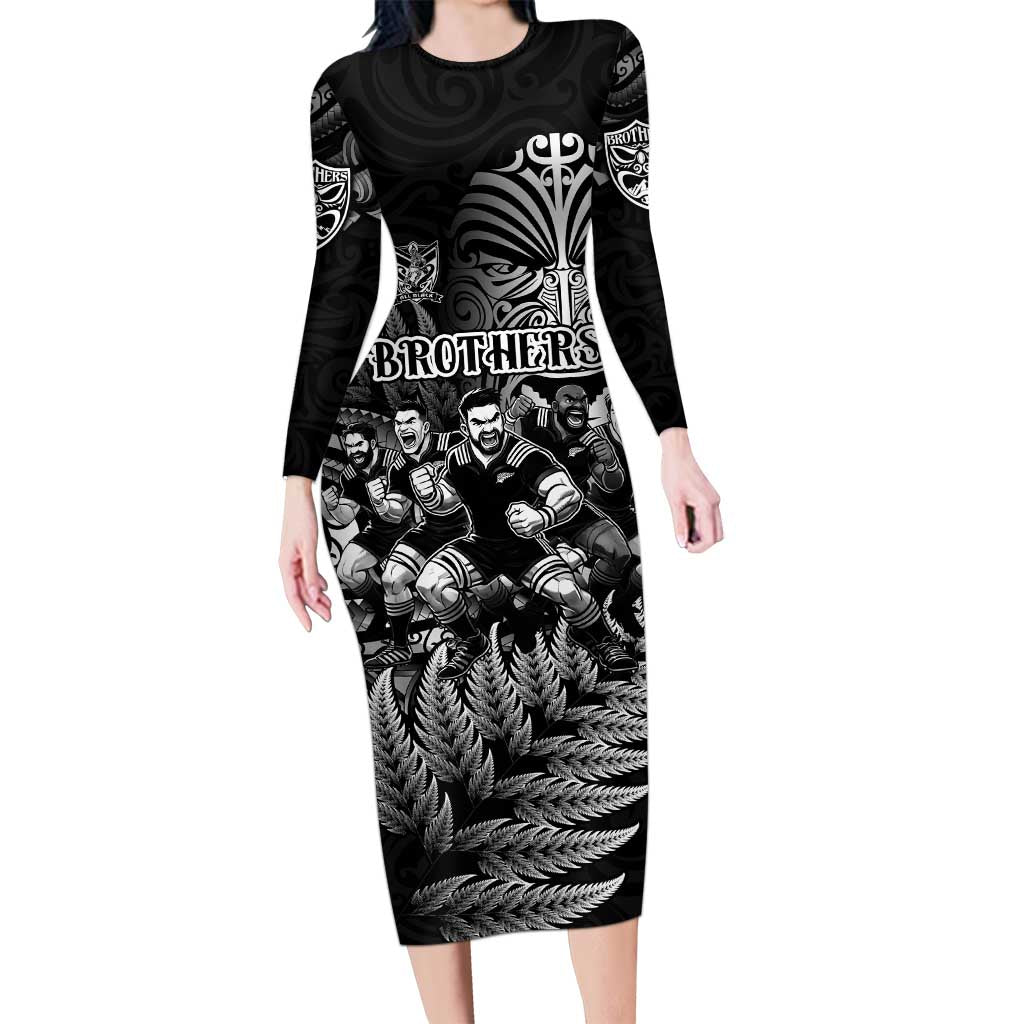 Personalized All Black Brothers Rugby Family Matching Long Sleeve Bodycon Dress and Hawaiian Shirt New Zealand Maori Haka DT02 Mom's Dress Black - Polynesian Pride
