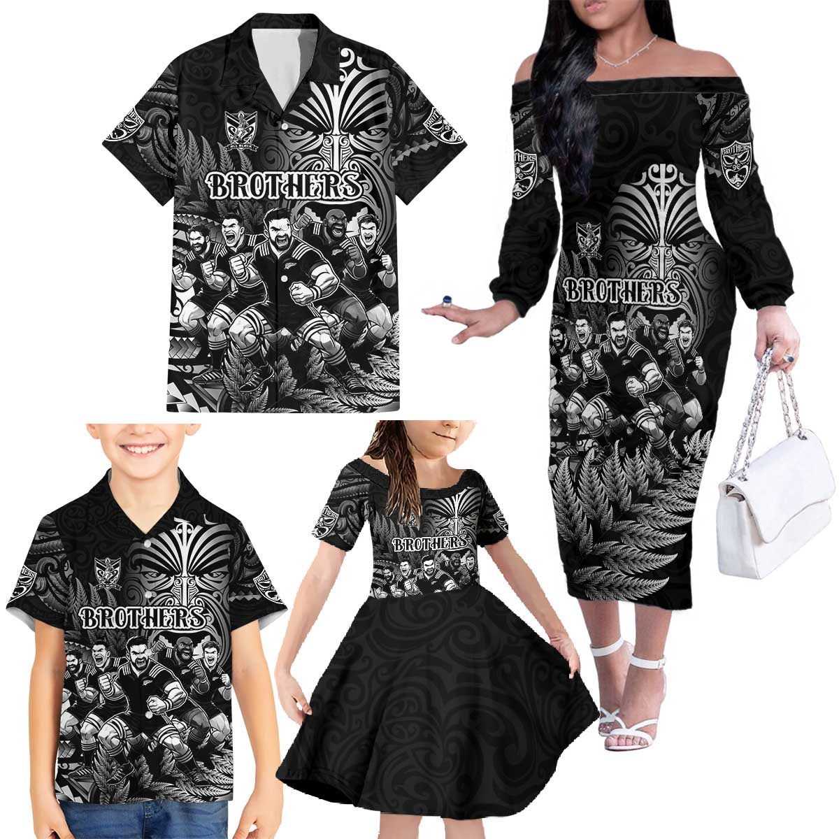 Personalized All Black Brothers Rugby Family Matching Off The Shoulder Long Sleeve Dress and Hawaiian Shirt New Zealand Maori Haka DT02 - Polynesian Pride