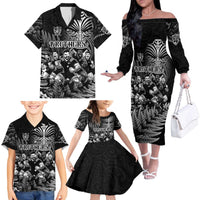 Personalized All Black Brothers Rugby Family Matching Off The Shoulder Long Sleeve Dress and Hawaiian Shirt New Zealand Maori Haka DT02 - Polynesian Pride