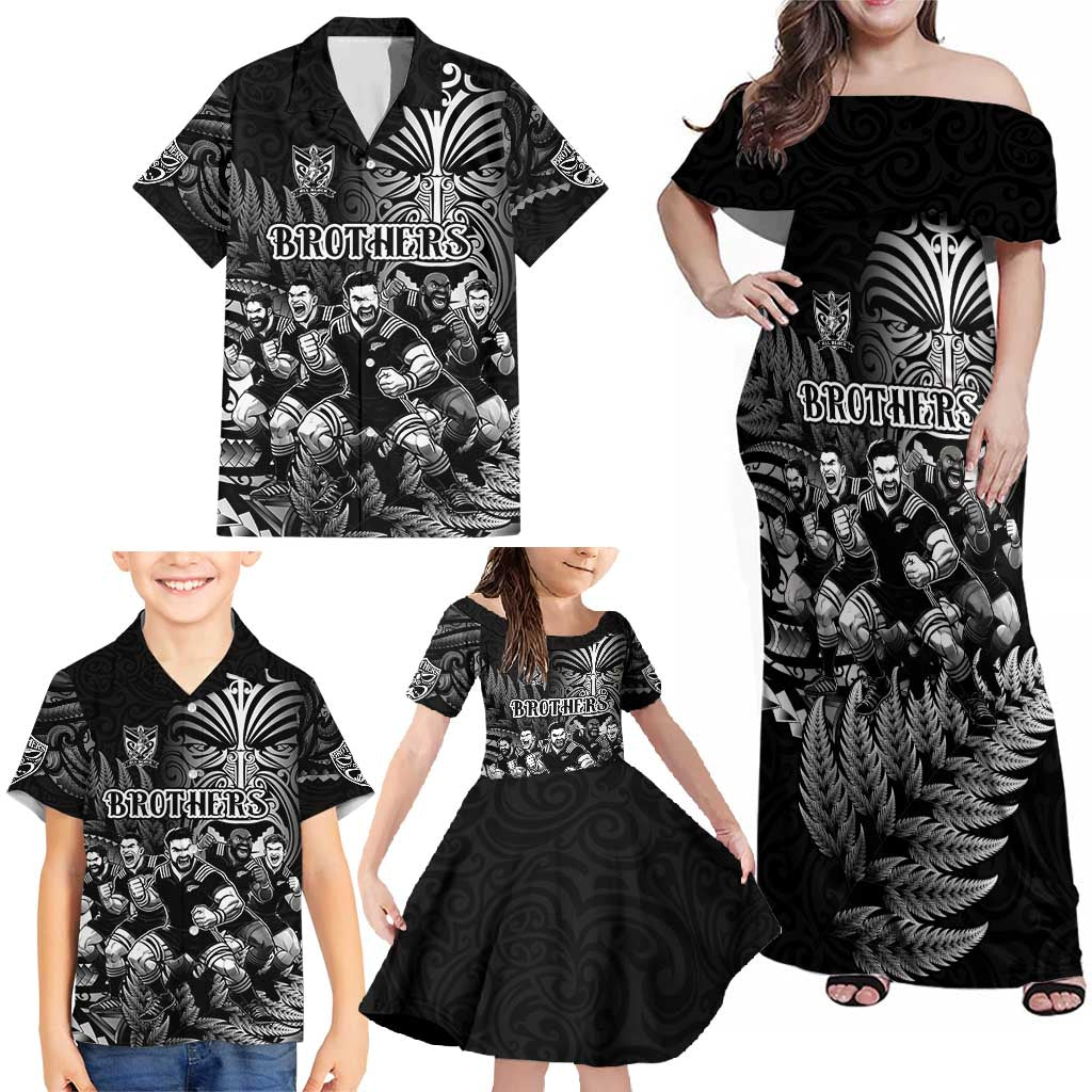 Personalized All Black Brothers Rugby Family Matching Off Shoulder Maxi Dress and Hawaiian Shirt New Zealand Maori Haka DT02 - Polynesian Pride