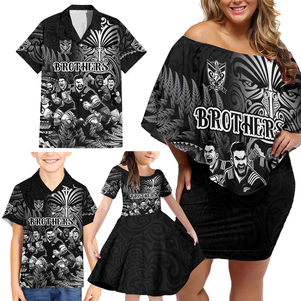 Personalized All Black Brothers Rugby Family Matching Off Shoulder Short Dress and Hawaiian Shirt New Zealand Maori Haka DT02 - Polynesian Pride