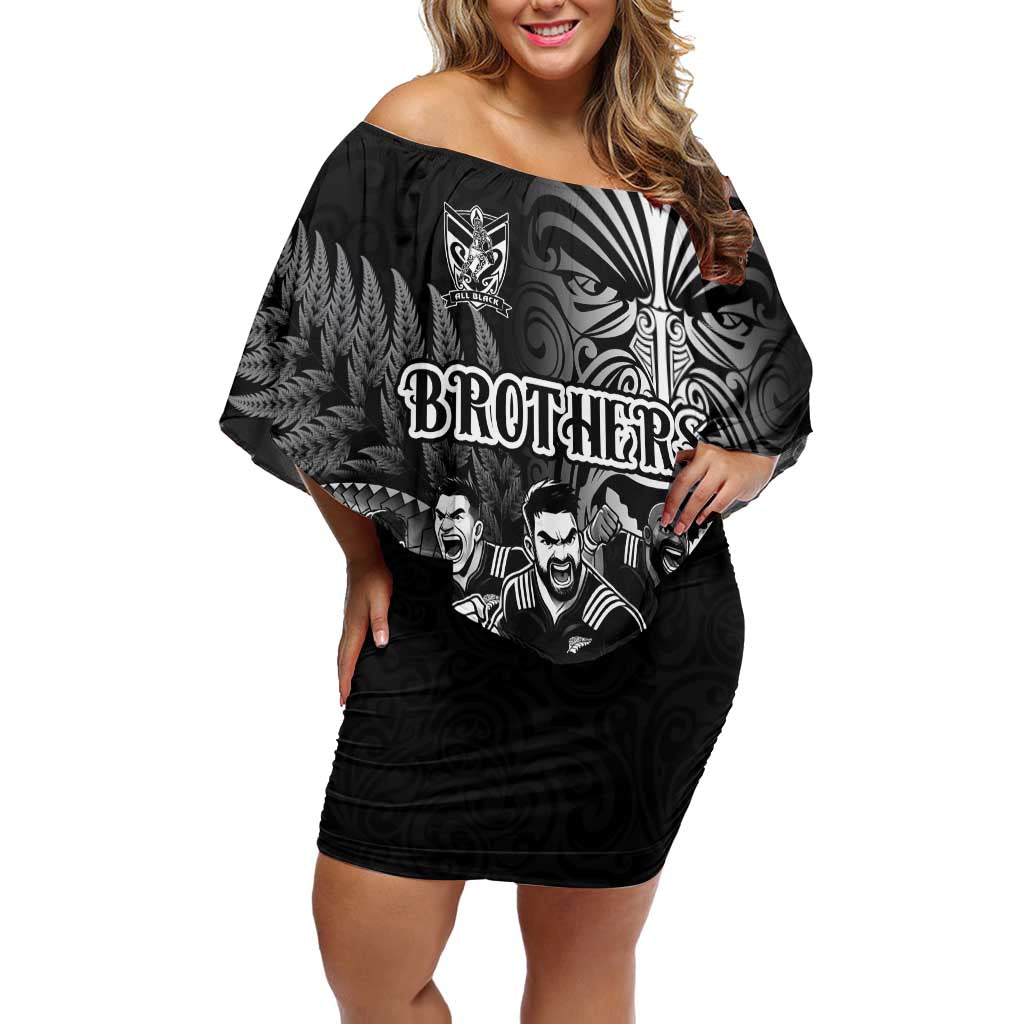 Personalized All Black Brothers Rugby Family Matching Off Shoulder Short Dress and Hawaiian Shirt New Zealand Maori Haka DT02 Mom's Dress Black - Polynesian Pride
