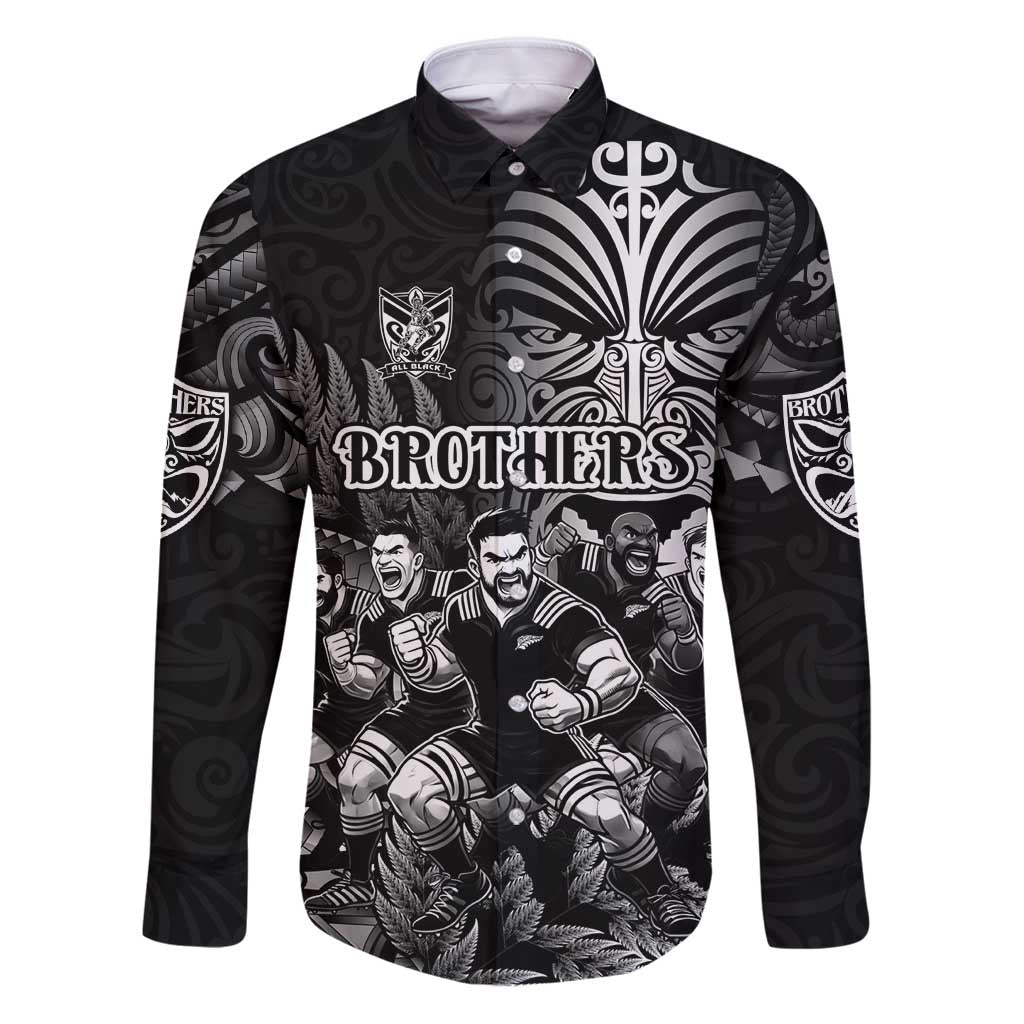 Personalized All Black Brothers Rugby Family Matching Puletasi and Hawaiian Shirt New Zealand Maori Haka DT02 Dad's Shirt - Long Sleeve Black - Polynesian Pride
