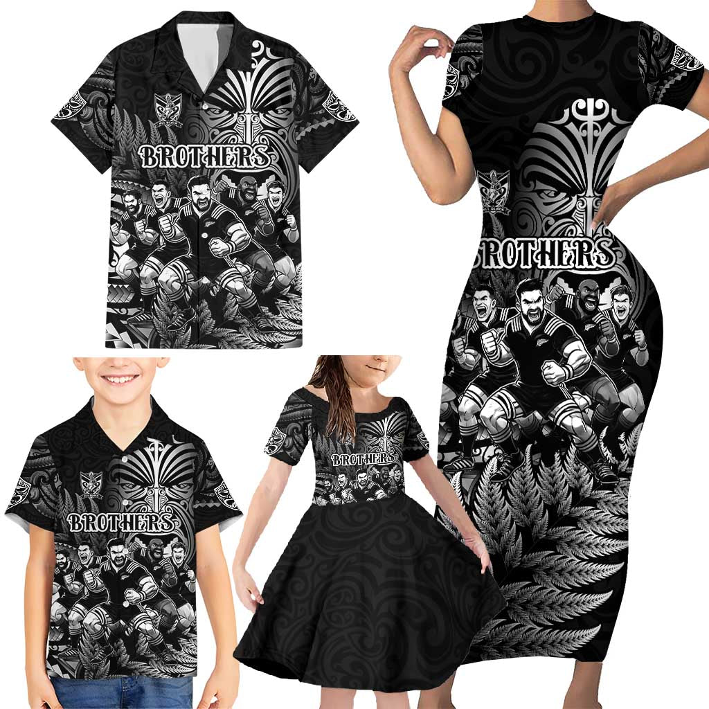 Personalized All Black Brothers Rugby Family Matching Short Sleeve Bodycon Dress and Hawaiian Shirt New Zealand Maori Haka DT02 - Polynesian Pride
