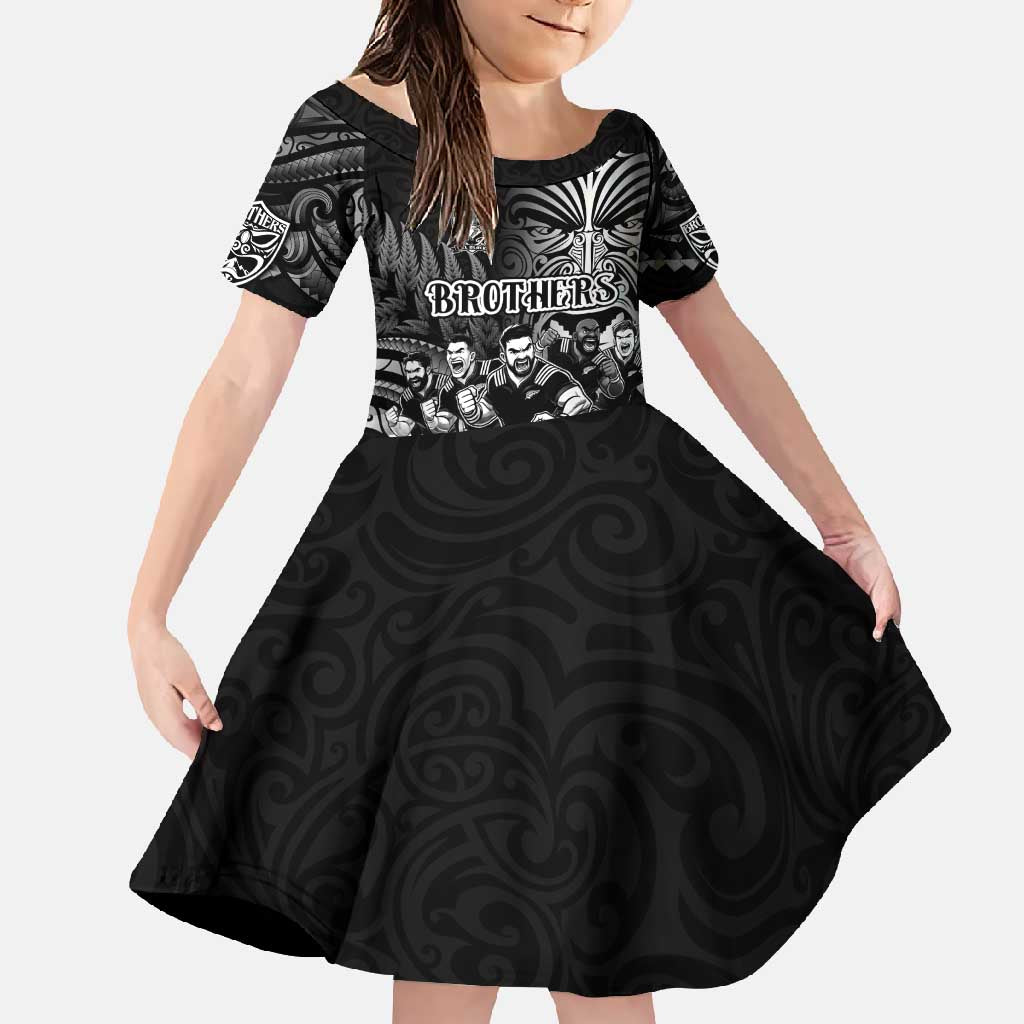 Personalized All Black Brothers Rugby Family Matching Summer Maxi Dress and Hawaiian Shirt New Zealand Maori Haka DT02 Daughter's Dress Black - Polynesian Pride
