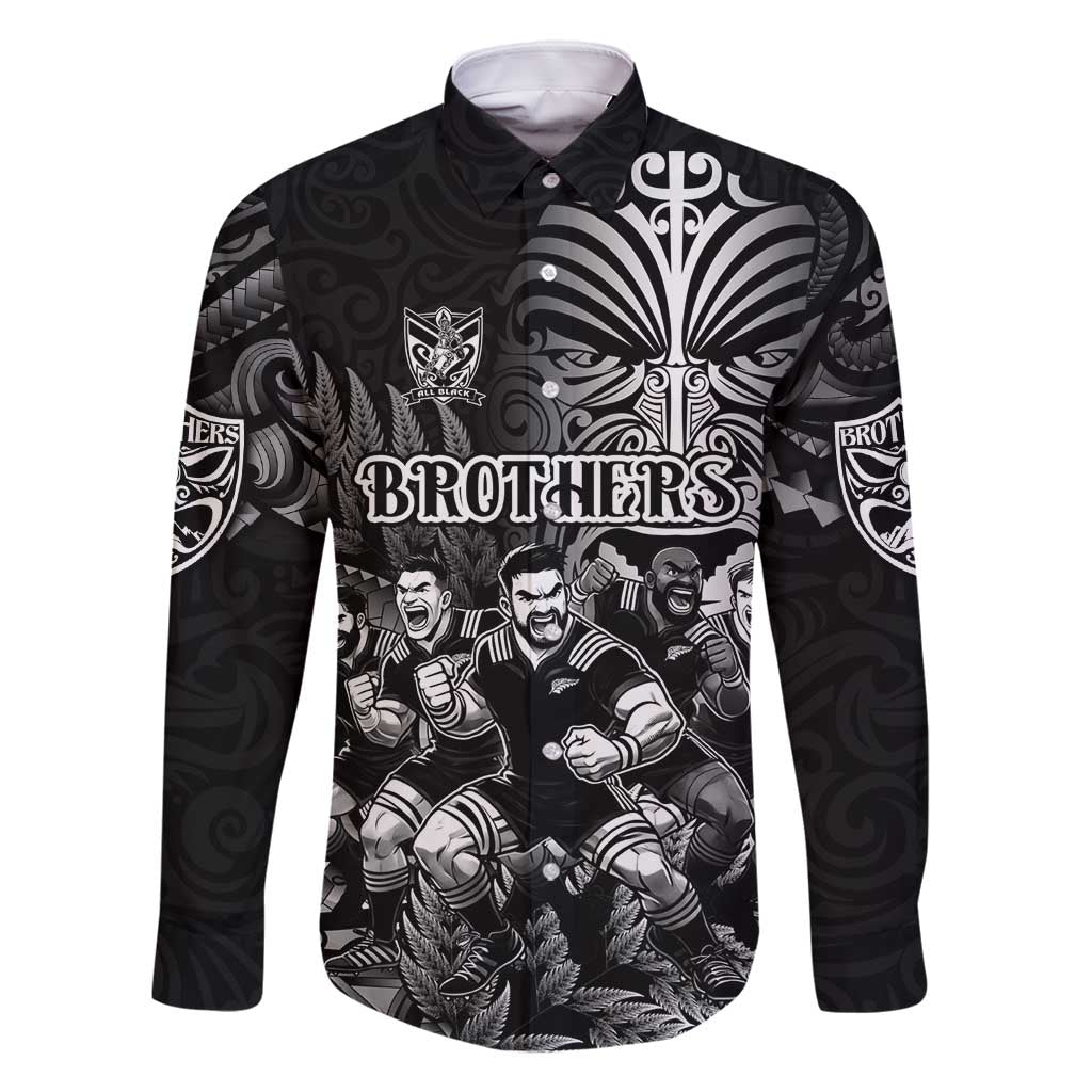Personalized All Black Brothers Rugby Family Matching Tank Maxi Dress and Hawaiian Shirt New Zealand Maori Haka DT02 Dad's Shirt - Long Sleeve Black - Polynesian Pride