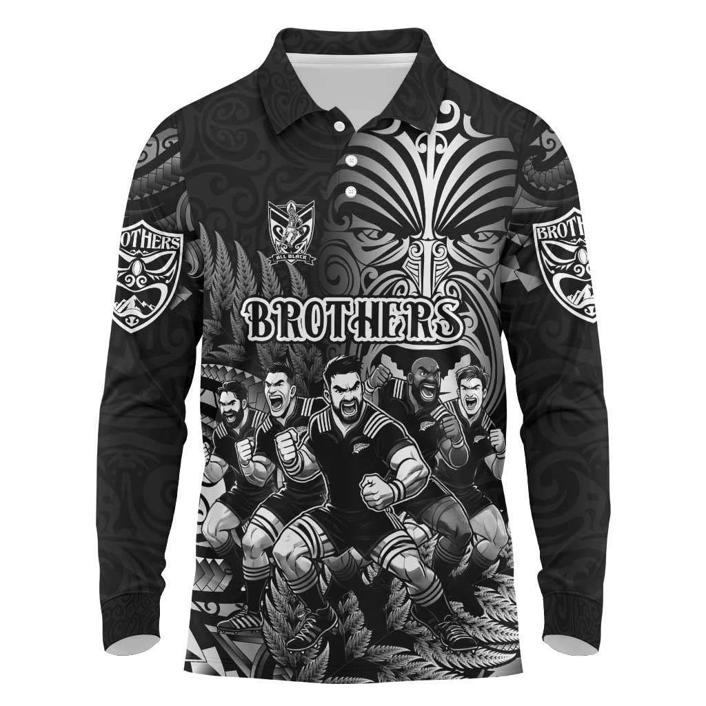 Personalized All Black Brothers Rugby Long Sleeve Polo Shirt New Zealand Maori Haka DT02 Black - Polynesian Pride