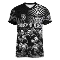 Personalized All Black Brothers Rugby Women V-Neck T-Shirt New Zealand Maori Haka DT02 Female Black - Polynesian Pride