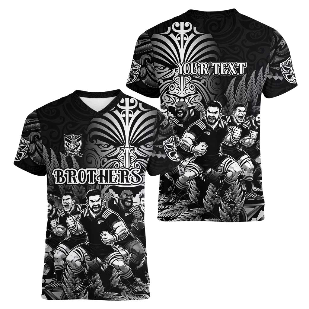 Personalized All Black Brothers Rugby Women V-Neck T-Shirt New Zealand Maori Haka DT02 - Polynesian Pride