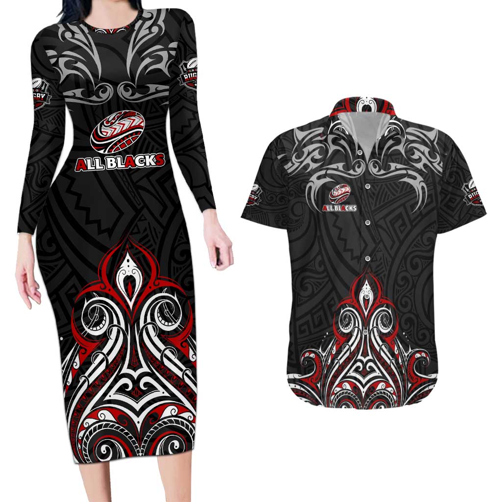 All Black NZL Rugby Champions Couples Matching Long Sleeve Bodycon Dress and Hawaiian Shirt Maori Warrior DT02 Black - Polynesian Pride