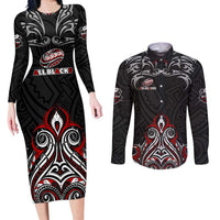 All Black NZL Rugby Champions Couples Matching Long Sleeve Bodycon Dress and Long Sleeve Button Shirt Maori Warrior DT02 Black - Polynesian Pride