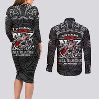 All Black NZL Rugby Champions Couples Matching Long Sleeve Bodycon Dress and Long Sleeve Button Shirt Maori Warrior DT02 - Polynesian Pride
