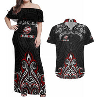 All Black NZL Rugby Champions Couples Matching Off Shoulder Maxi Dress and Hawaiian Shirt Maori Warrior DT02 Black - Polynesian Pride