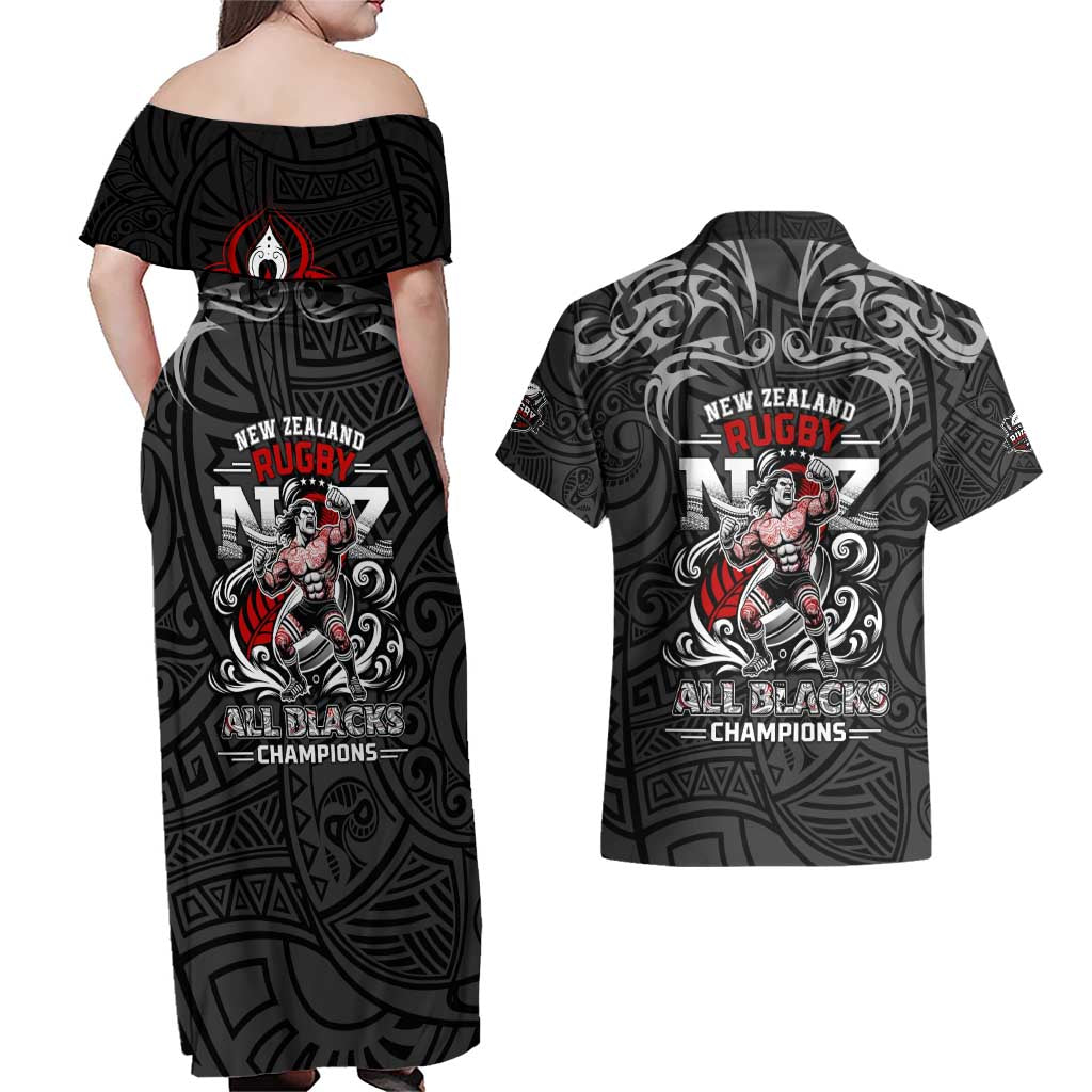 All Black NZL Rugby Champions Couples Matching Off Shoulder Maxi Dress and Hawaiian Shirt Maori Warrior DT02 - Polynesian Pride