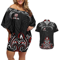 All Black NZL Rugby Champions Couples Matching Off Shoulder Short Dress and Hawaiian Shirt Maori Warrior DT02 Black - Polynesian Pride