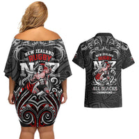All Black NZL Rugby Champions Couples Matching Off Shoulder Short Dress and Hawaiian Shirt Maori Warrior DT02 - Polynesian Pride