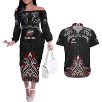 All Black NZL Rugby Champions Couples Matching Off The Shoulder Long Sleeve Dress and Hawaiian Shirt Maori Warrior DT02 Black - Polynesian Pride