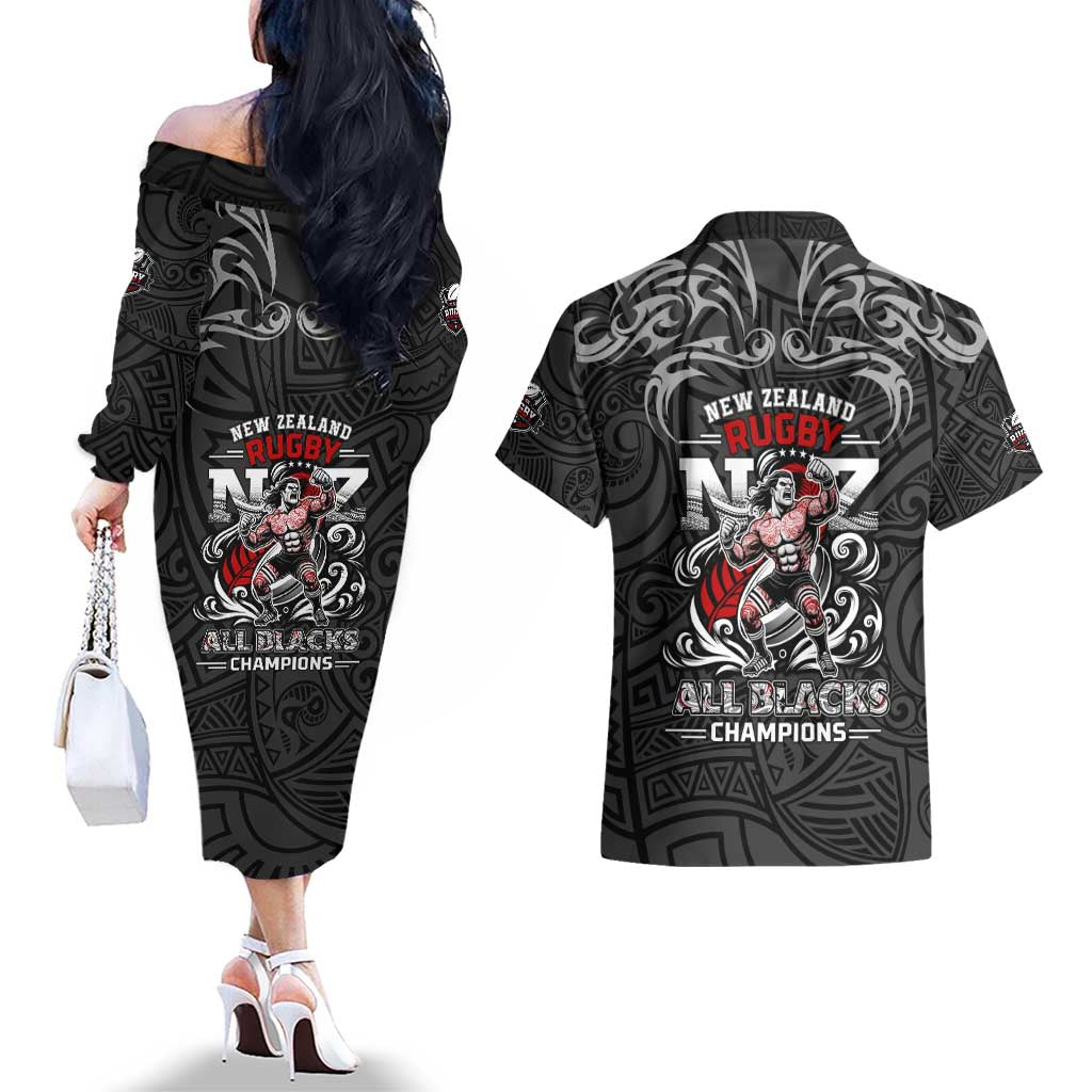 All Black NZL Rugby Champions Couples Matching Off The Shoulder Long Sleeve Dress and Hawaiian Shirt Maori Warrior DT02 - Polynesian Pride