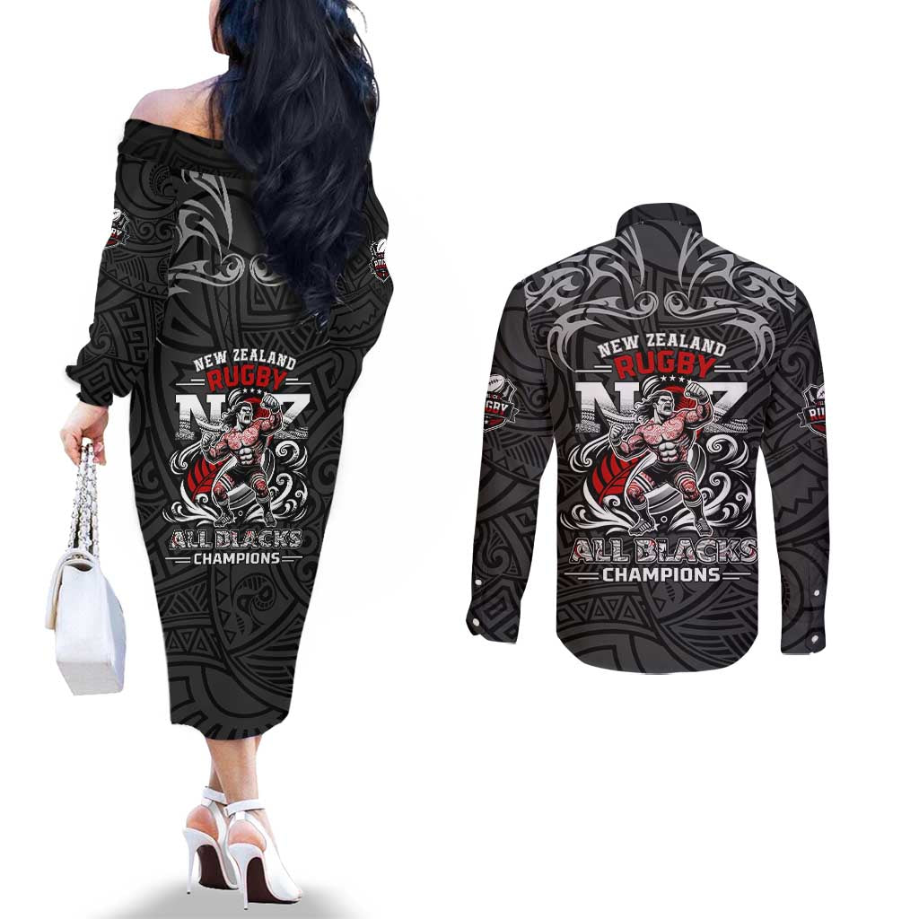 All Black NZL Rugby Champions Couples Matching Off The Shoulder Long Sleeve Dress and Long Sleeve Button Shirt Maori Warrior DT02 - Polynesian Pride
