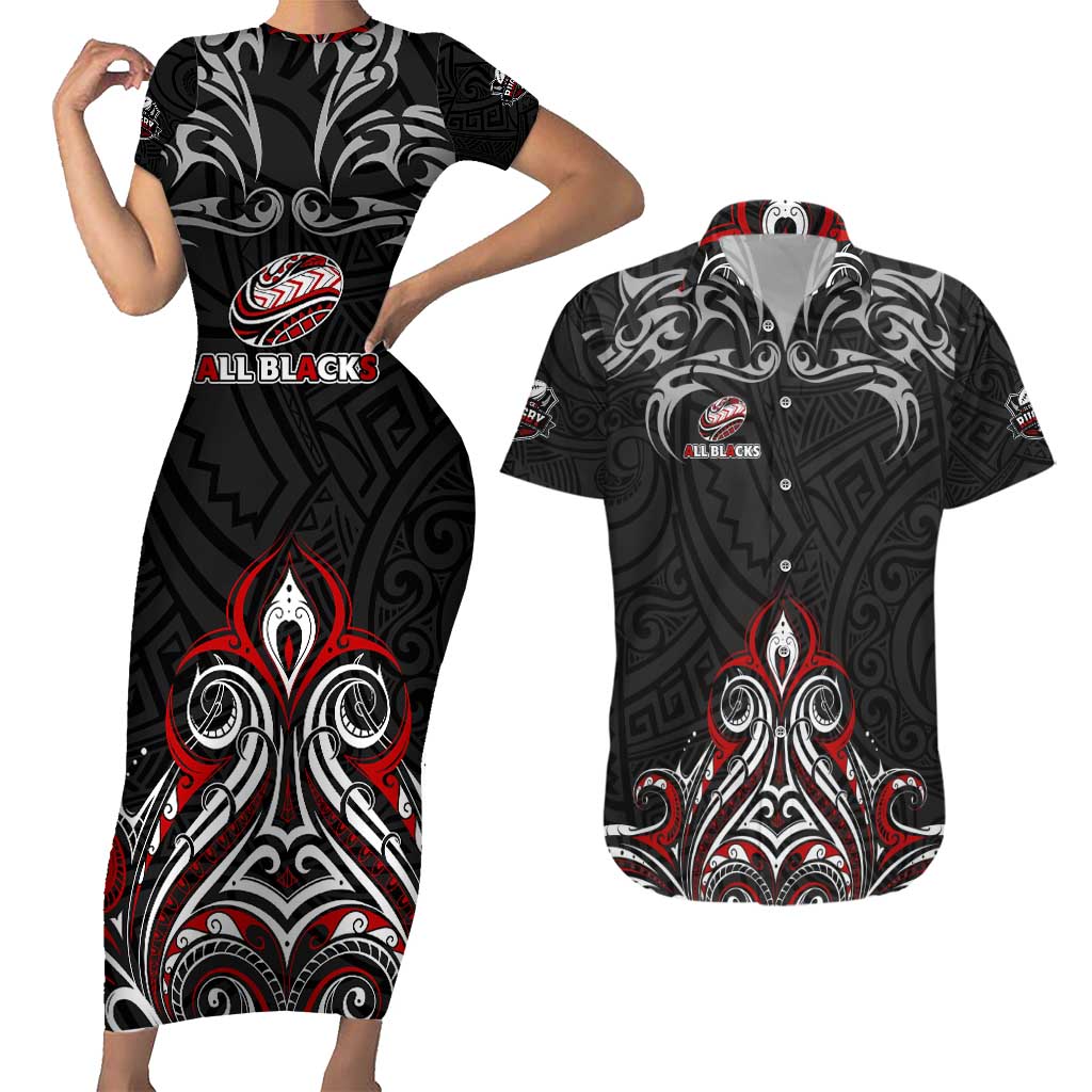 All Black NZL Rugby Champions Couples Matching Short Sleeve Bodycon Dress and Hawaiian Shirt Maori Warrior DT02 Black - Polynesian Pride