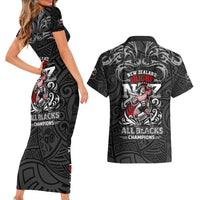 All Black NZL Rugby Champions Couples Matching Short Sleeve Bodycon Dress and Hawaiian Shirt Maori Warrior DT02 - Polynesian Pride