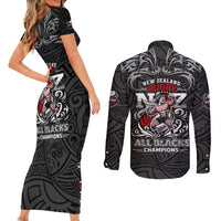 All Black NZL Rugby Champions Couples Matching Short Sleeve Bodycon Dress and Long Sleeve Button Shirt Maori Warrior DT02 - Polynesian Pride